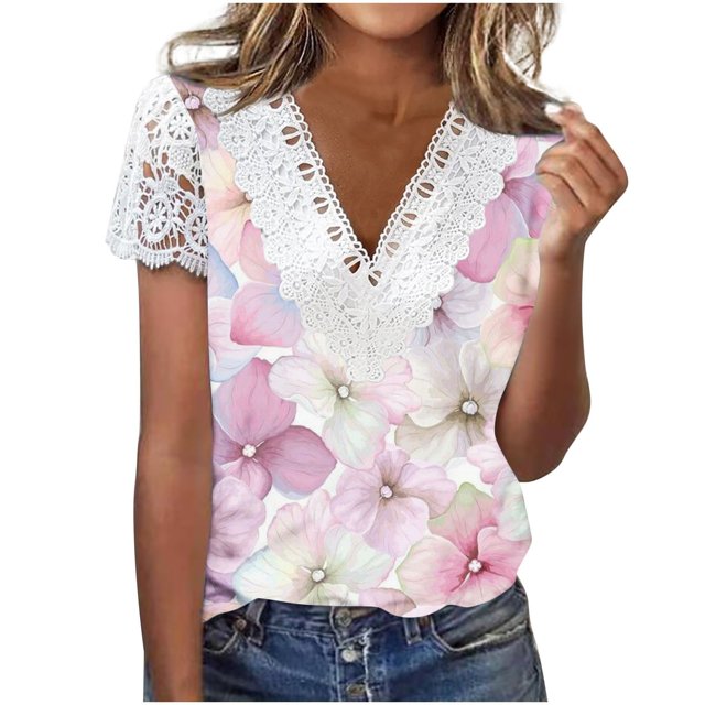 Gibobby Blusa Sexy Cuello en V Encaje cuello en V manga corta encaje moda Floral estampado mujer Casual camiseta(F,XL)