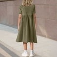 thumbnail image 4 of Spazoro Little and Big Girls A-line Dresses, Short Sleeve Round Neck Solid Color Comfortable Casual Dresses for Girls Army Green Size 13-14T, 4 of 8