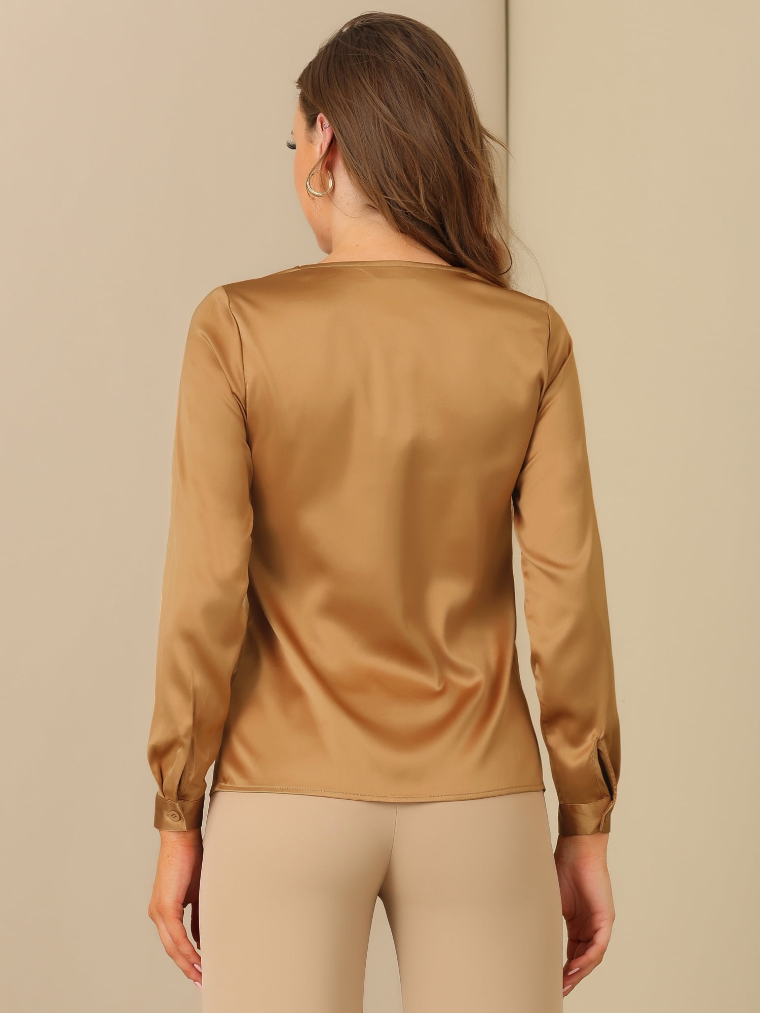 DARING DIVA Tie Neck Elegant Button Cuff Office Shirt S Khaki