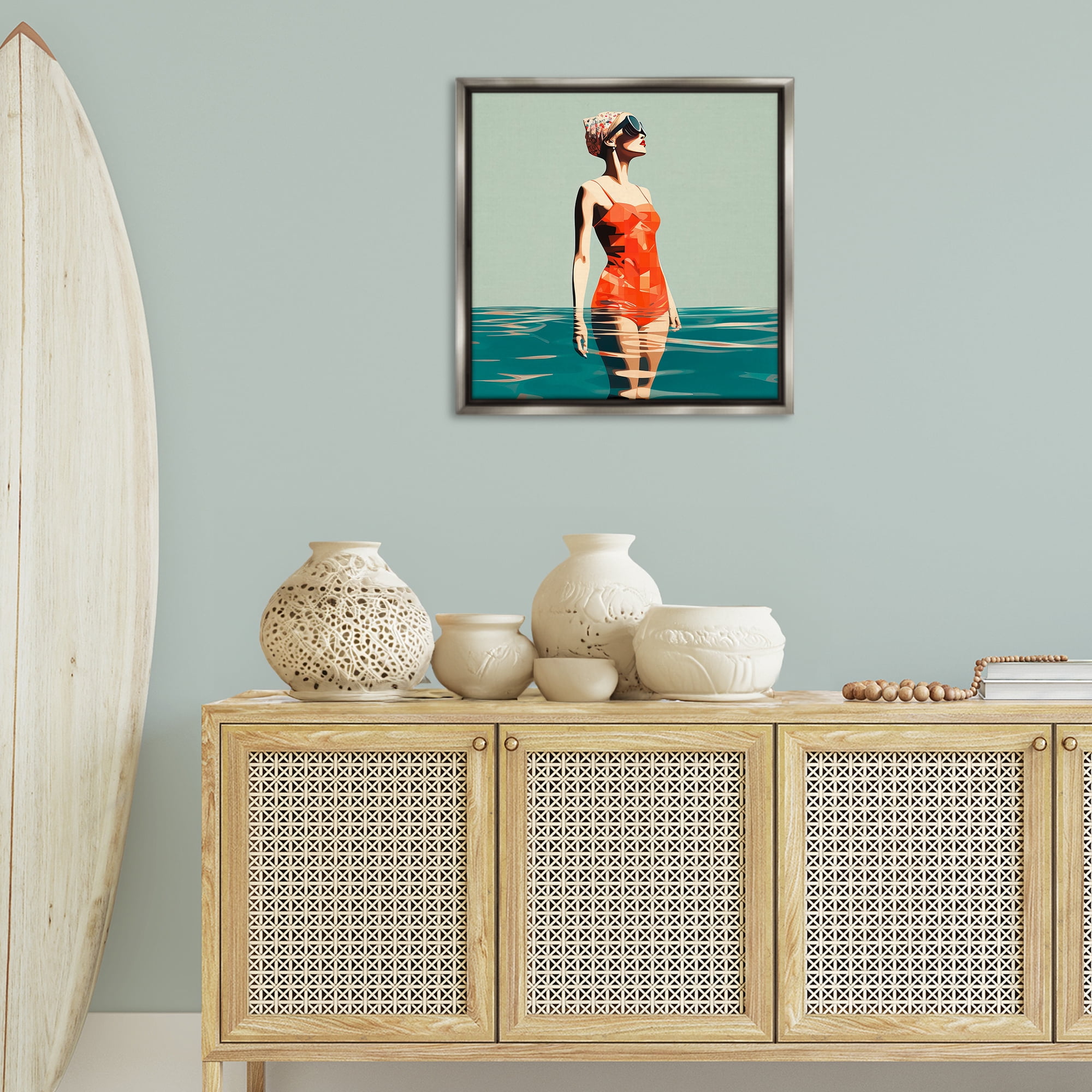 Stupell Industries Retro Woman in Swimsuit Novelty Painting Gray Floater Framed Canvas Art Print Wall Art, 25 x 25