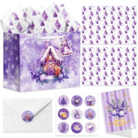 Purple Christmas Gift Wrapping Set - Custom All-in-One Kit with 3D Stickers, Glitter Design for Holiday Parties & Gift Exchanges