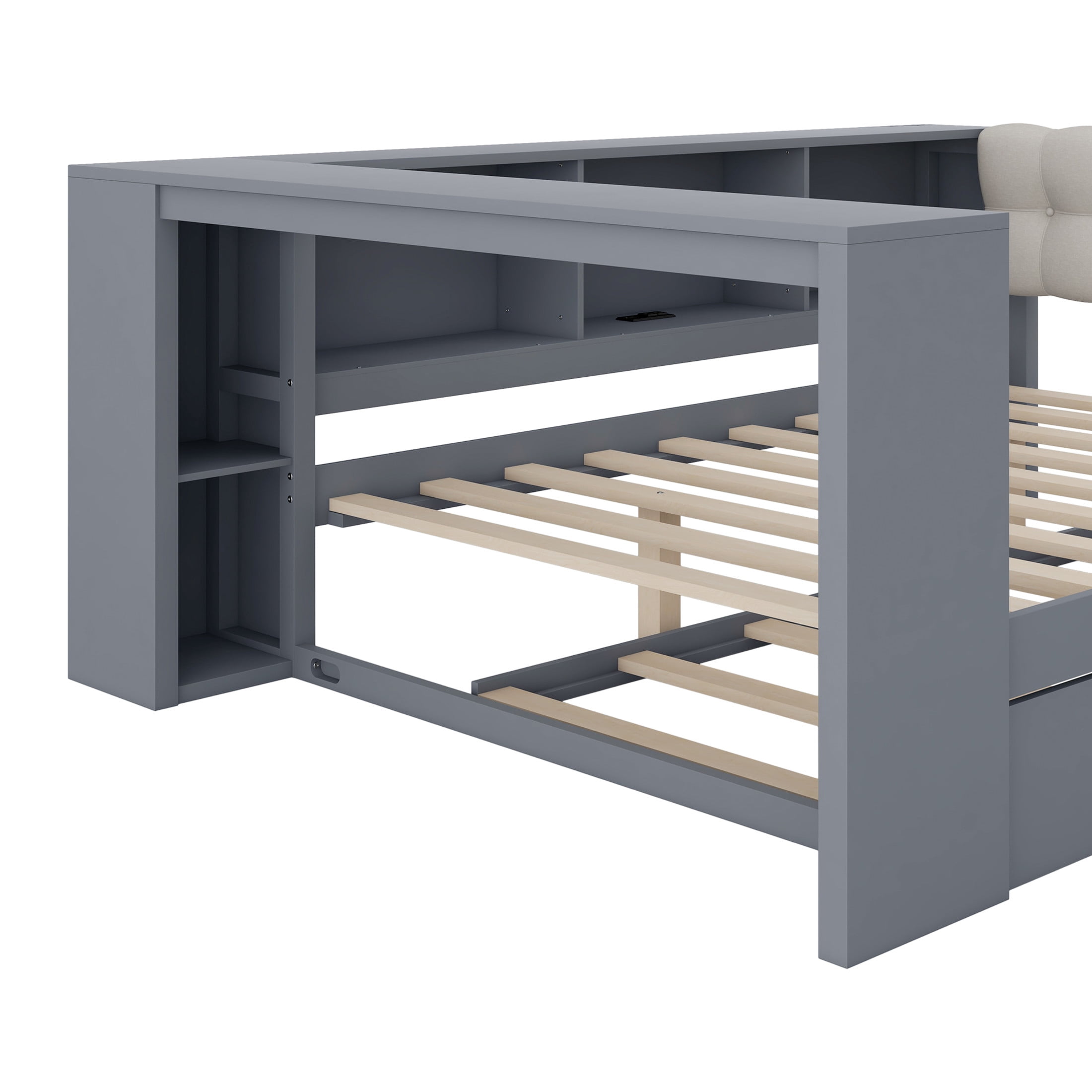 Noble House Full Wooden Platform Bed, Upholstered Headboard, Storage Shelves, Charging Station and Trundle, Gray