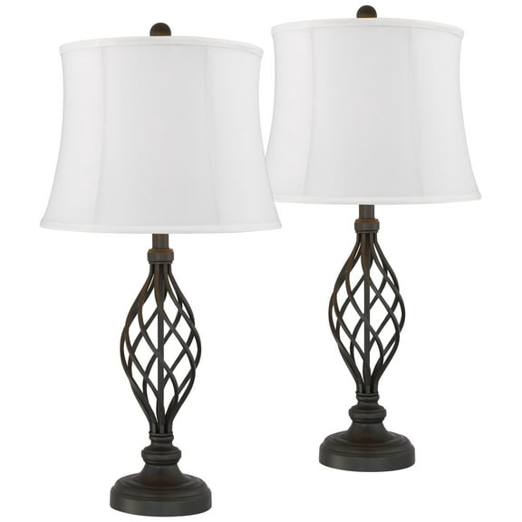 Franklin Iron Works Annie Modern Industrial Table Lamps 28" Tall Set of 2 Bronze Metal White Fabric Softback Drum Shade for Bedroom Living Room House