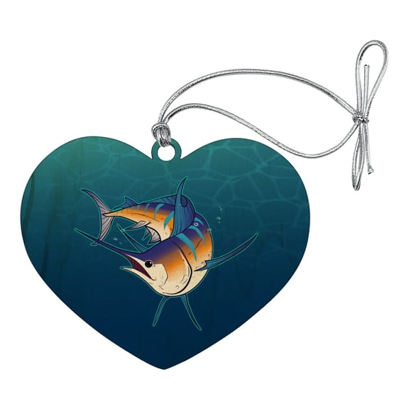 Blue Marlin Swimming in Ocean Heart Love Wood Christmas Tree Holiday Ornament