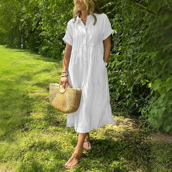 Teyfeniy White Women Shirt Dresses Pinstrip Summer Spring Button Down Crew Neck Collar Short Sleeve Maxi Dress Going Out Holiday Casual Vacation Fashion Outfit Solid Color Comfy Dresses