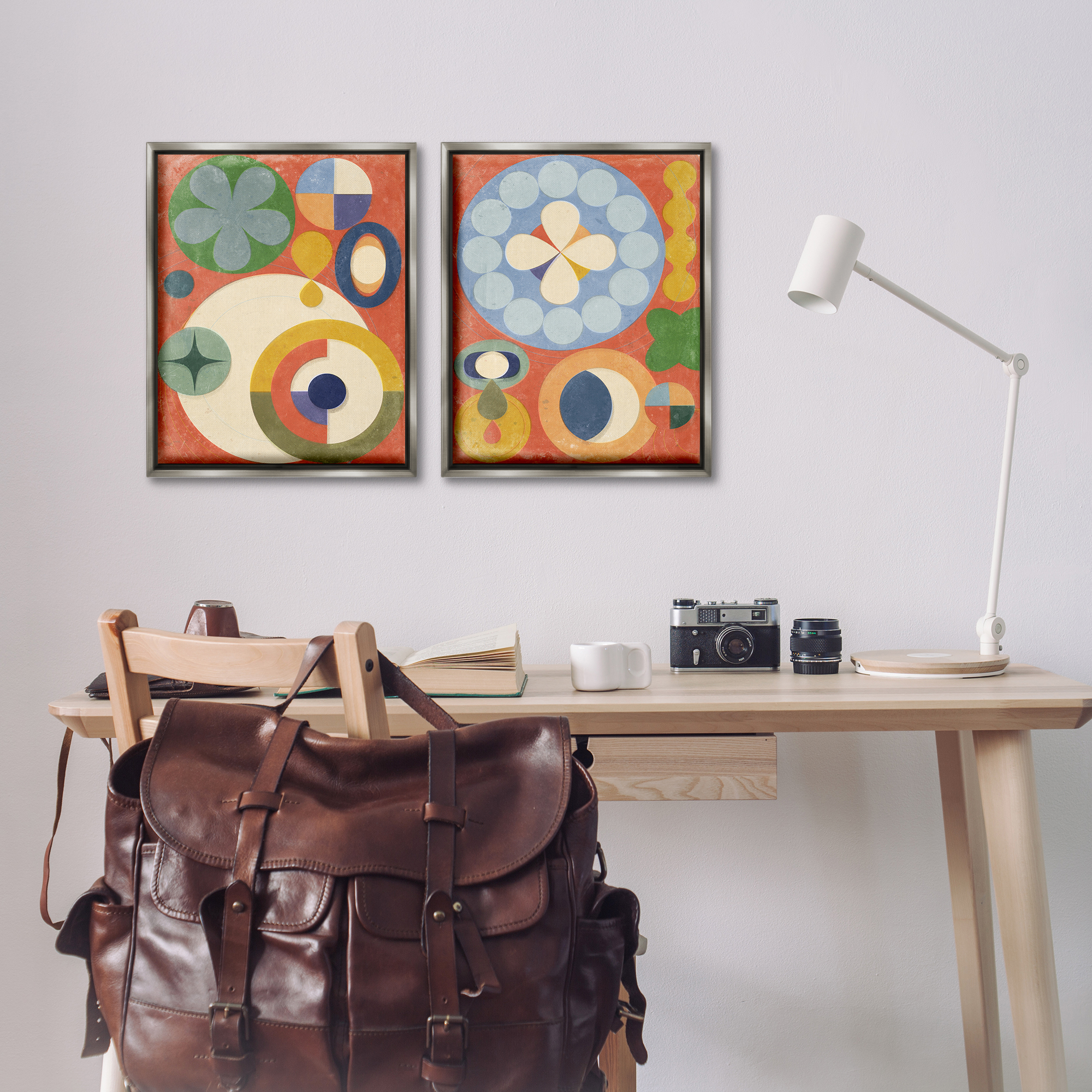 Stupell Industries Retro Mixed Boho Shapes Abstract Painting Gray Floater Framed Canvas Art Print Wall Art, 17 x 21, Set of 2