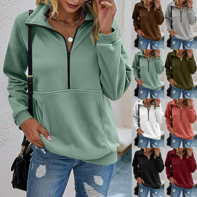 Yuyuzo Womens Sweatshirts Quarter Zip Casual Long Sleeve Lapel Loose Fitted Drawstring Pullover Tops with Pockets