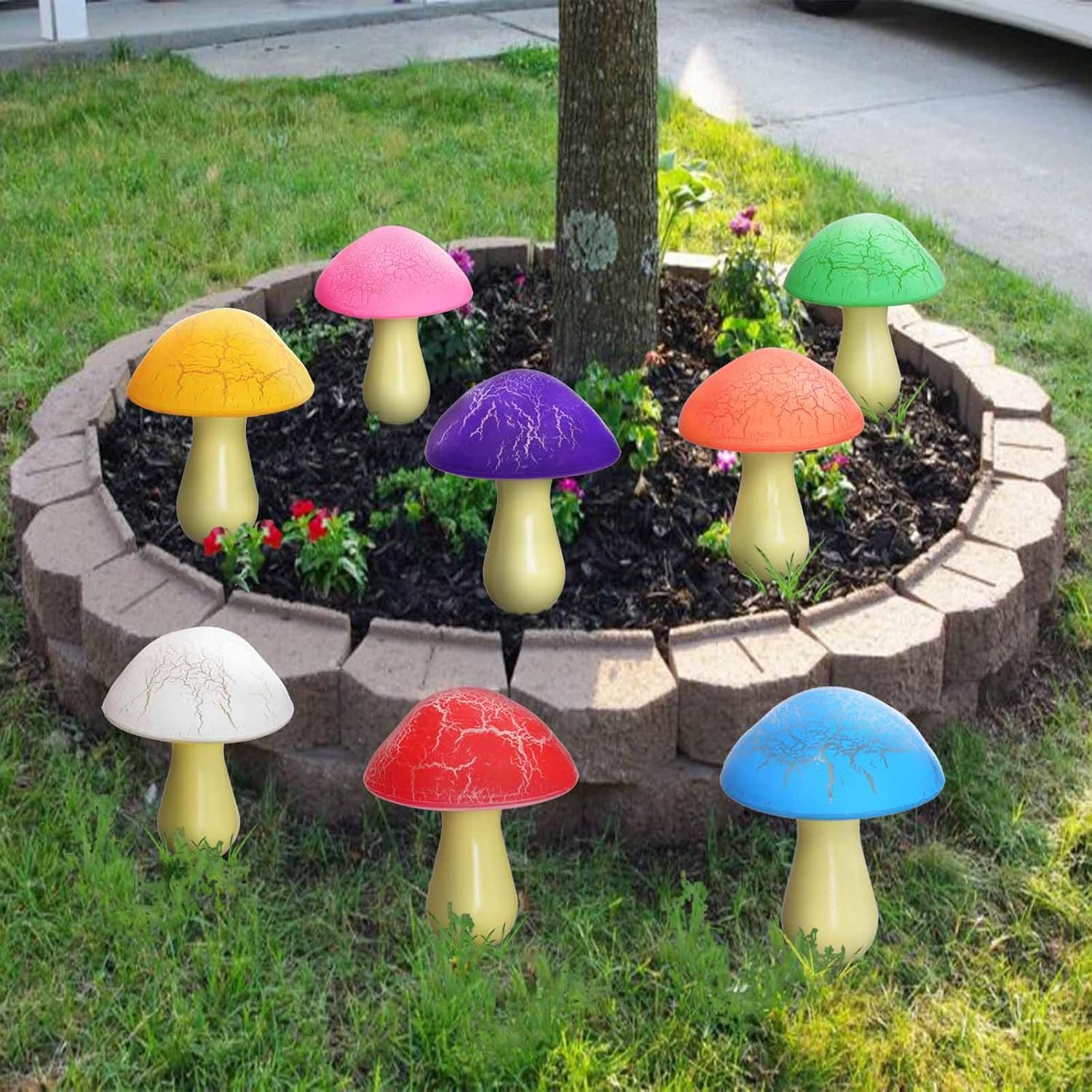 BIBEARBIBEAR 8-Pack Cracked Mushrooms for Garden Decor, Solar Mushroom Lights Outdoor, Super Cute Whimsical Garden Art for Yard Decor Gnome Flowerbed Housewarming Decor(Multicolored)