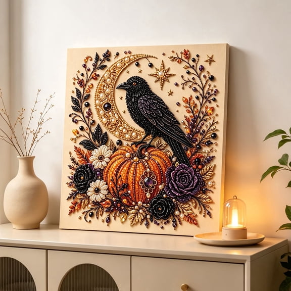 Fall Halloween Pearl Art 3D DIY Kit, Diamond Painting Craft with Crystal Beads for Home Decor,Ghost Cat Witches Artwork, Beginner Friendly Seasonal Holiday Party Gift