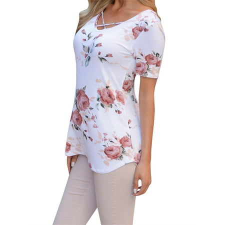 Criss Cross Knot - V-neck Cross Criss Women Short Sleeve Floral Print Casual T-shirts