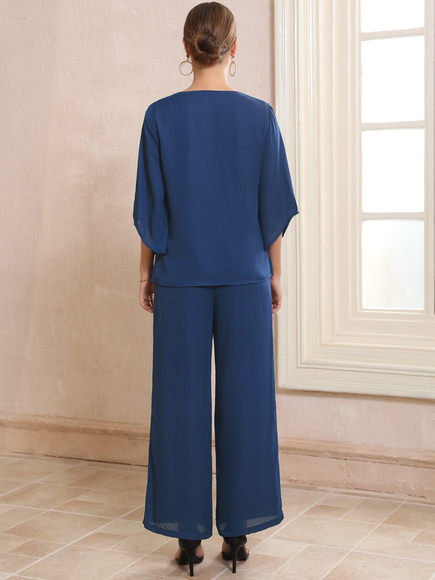 DARING DIVA Women's Stylish Chiffon Ruffles V Neck Wide Legs Pantsuits 2Pcs L Dark Blue