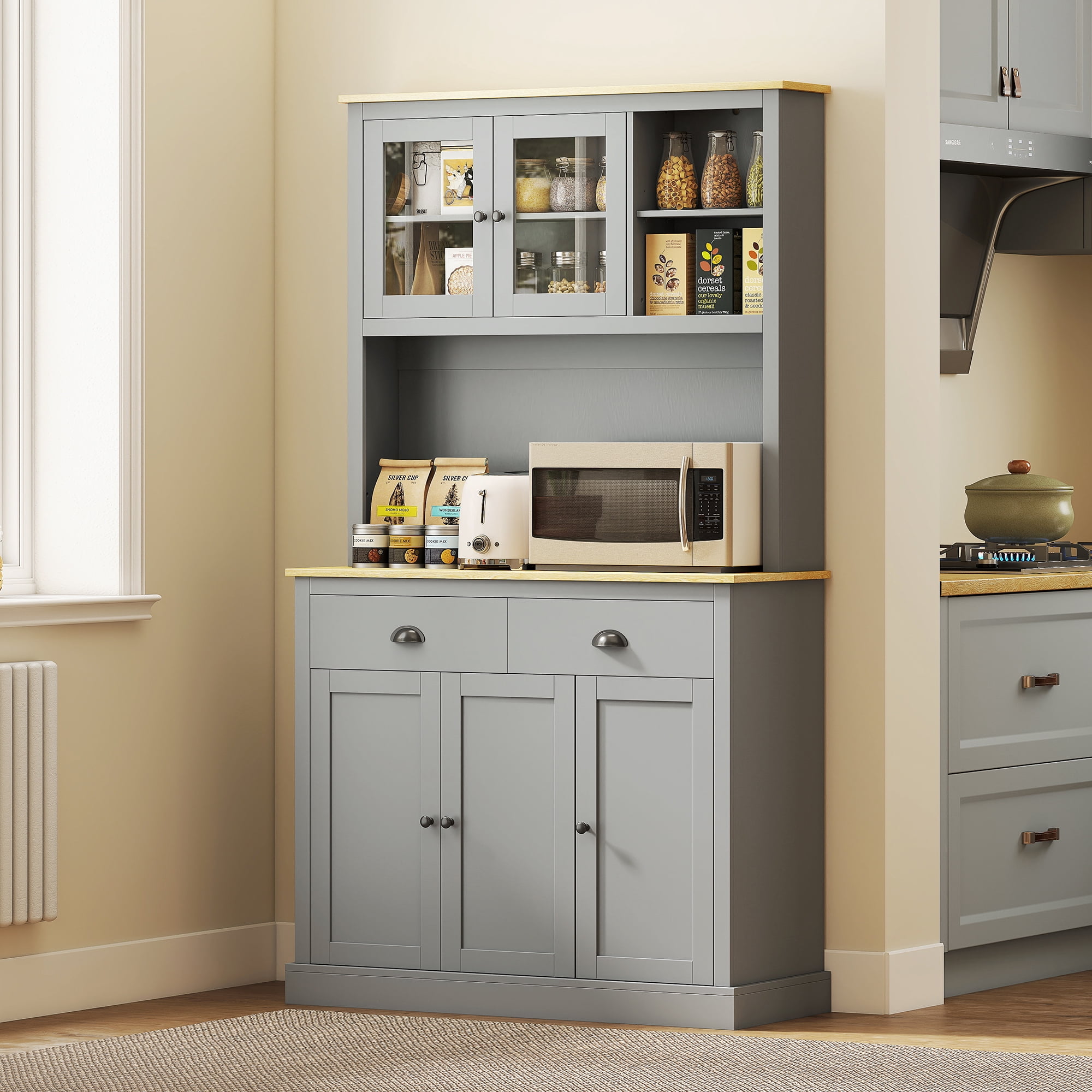 HOMCOM Kitchen Cabinet with Microwave Stand, 71" Pantry Cabinet, Gray