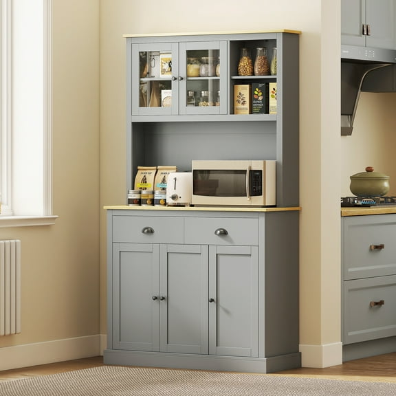 HOMCOM Freestanding Kitchen Cabinet with Wide Countertop, Tall Pantry Cabinet with Adjustable Shelves, Modern Hutch for Dining Room, Gray