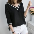 thumbnail image 3 of Débardeurs Femme Décontracté Col en V Uni Manches Courtes T-Shirt Blouse Hauts, 3 of 6