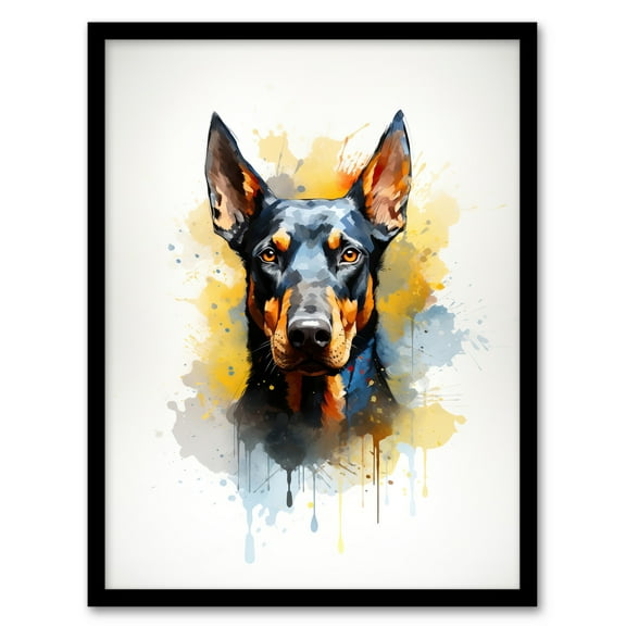 Doberman Lovers Gift Watercolour Pet Portrait Painting Artwork Art Print Framed Poster Wall Decor 12x16 inch