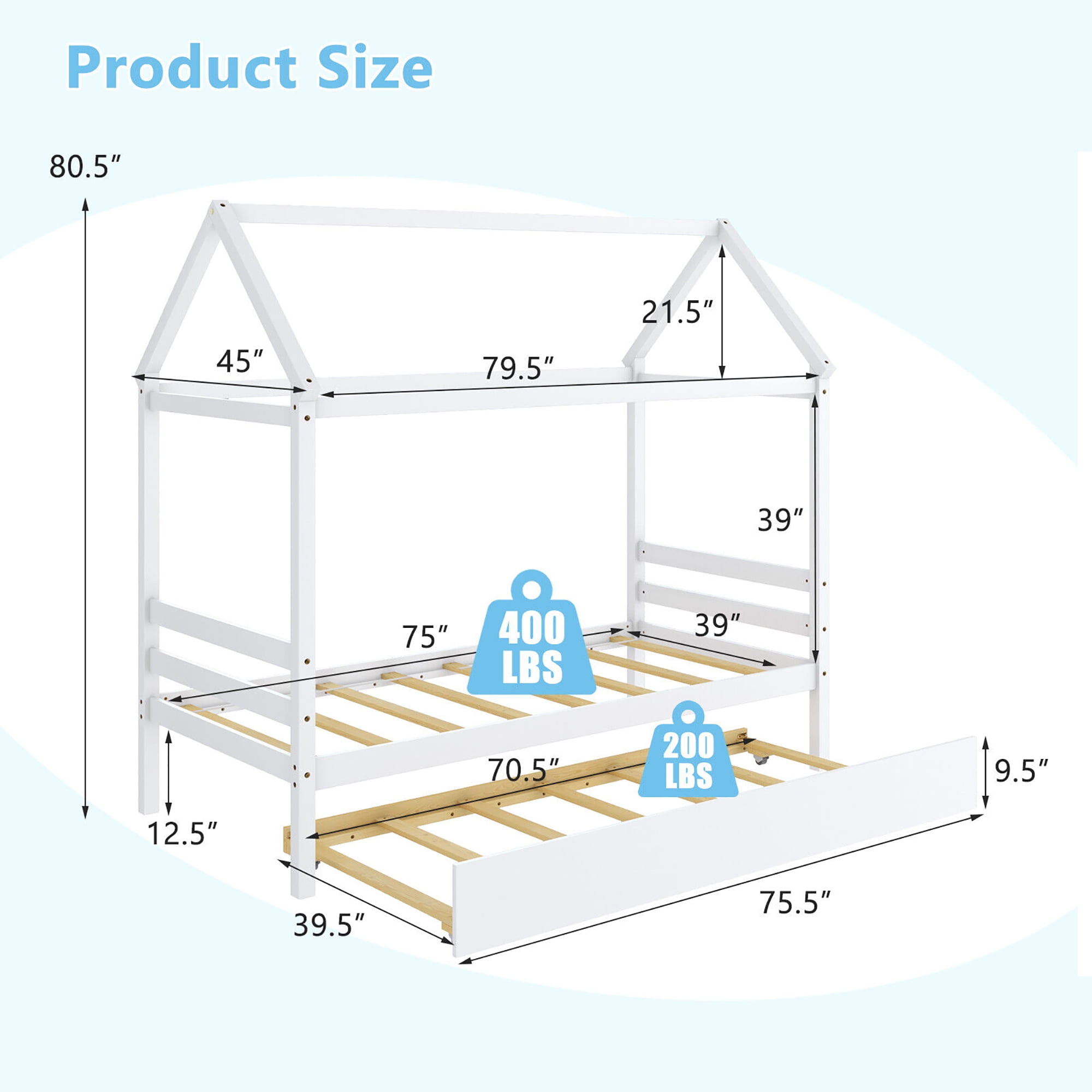 Gymax Twin House Bed Frame w/ Trundle Roof Wooden Platform Mattress Foundation White
