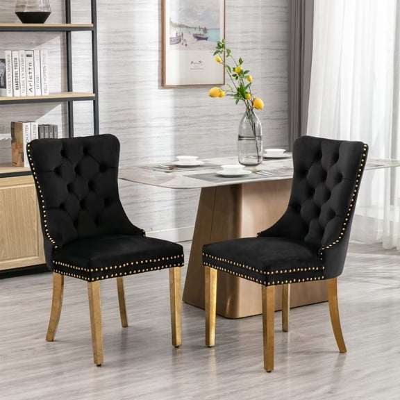 Modern Dining Chairs Set of 2, High-end Tufted Contemporary Velvet Upholstered Dining Chair with Golden Stainless Steel Plating Legs and Nailhead Trim for Dining Room Kitchen Vanity Patio, Black