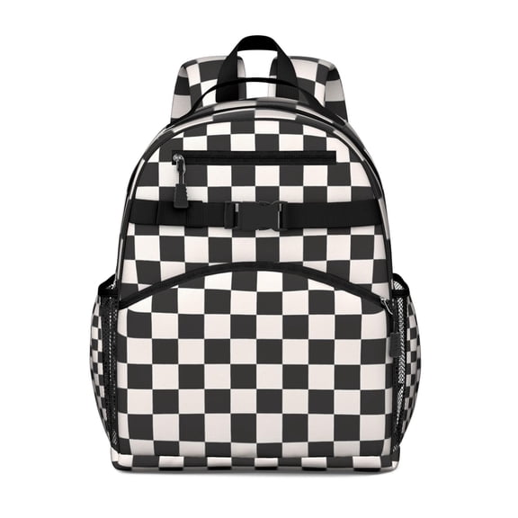 Black and White Checkered Pattern Backpack for School,Cute School Bag,Schoolbag with Adjustable Shoulder Straps & Padded Back,15.25"x11.5"x5.25"