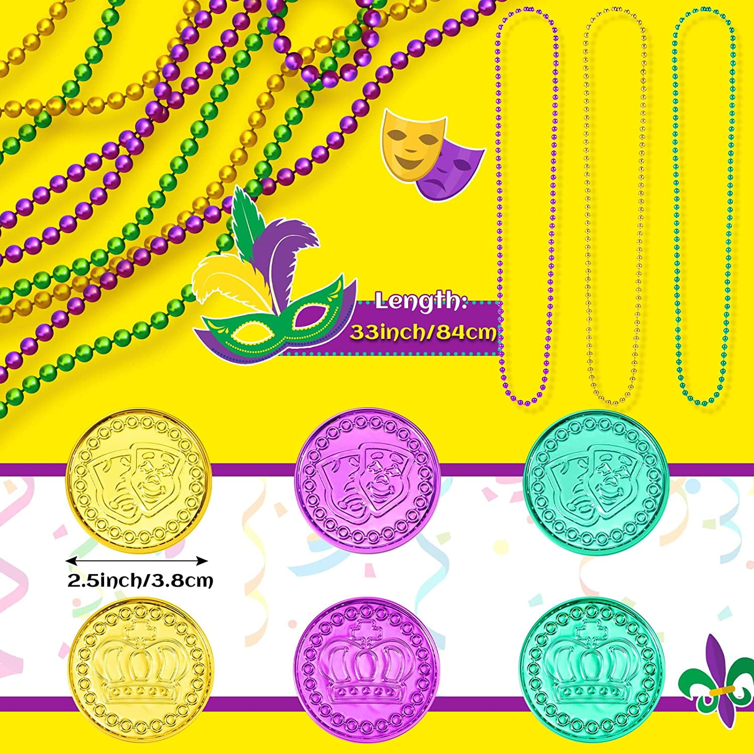 Amscan Mardi Gras Coins - 100 Count, Purple, Green & Gold Plastic Throw Coins For Parades