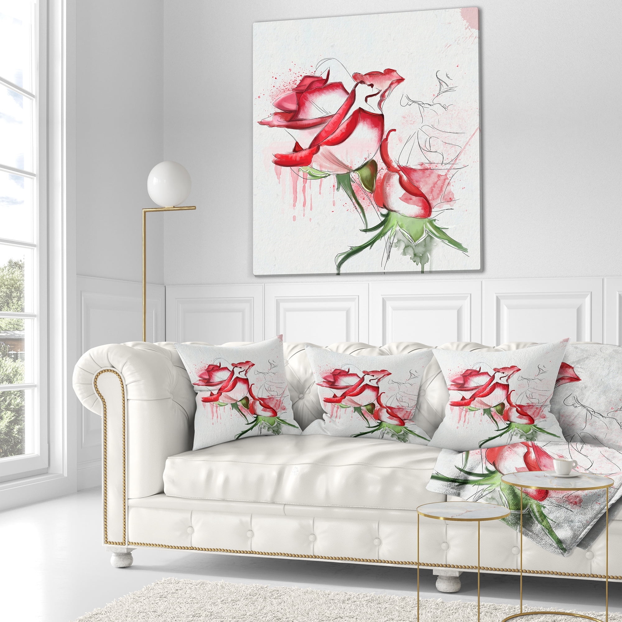 Designart Fantastic Red Roses Watercolor - Floral Throw Pillow - 16x16