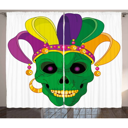 Mardi Gras Curtains 2 Panels Set, Scary Looking Green Skull Mask with Carnival Hat Beads and Earring Cartoon Style, Window Drapes for Living Room Bedroom, 108W X 84L Inches, Multicolor, by Ambesonne