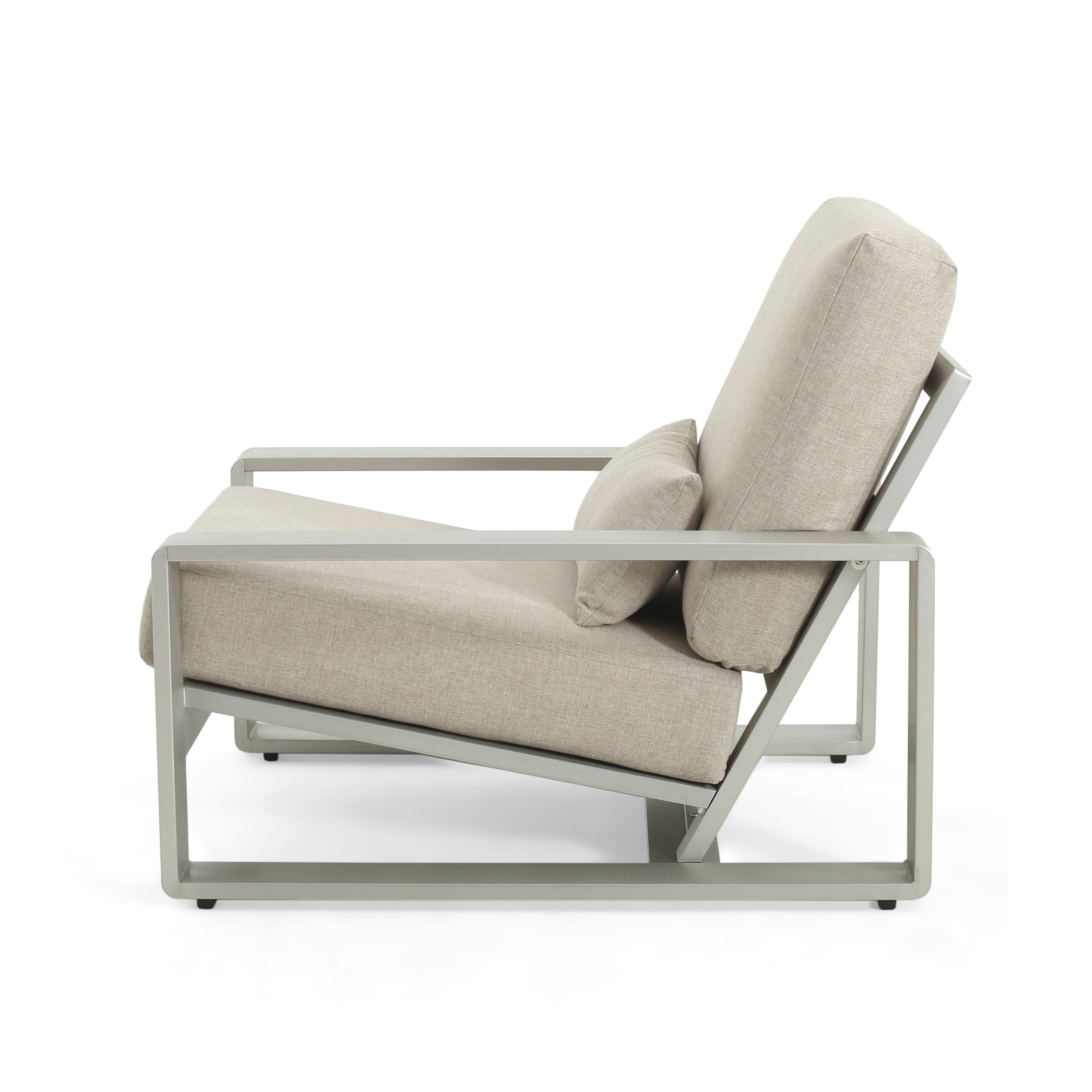 Aureth Outdoor Patio Lounge Chair with Lumbar Pillow, Aluminum, Silver+Beige