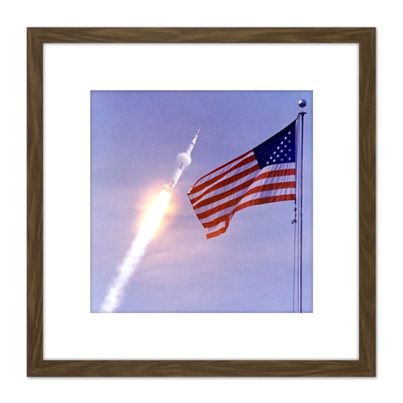 Space NASA Apollo 11 Saturn V Rocket Launch Flag Photo 8X8 Inch Square Wooden Framed Wall Art Print Picture with Mount