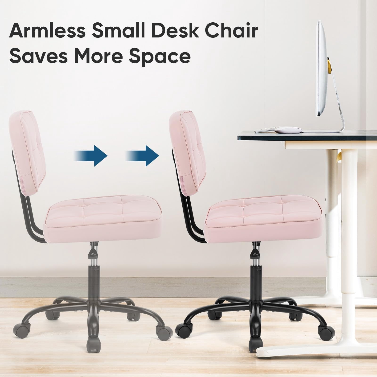Telyra Armless Office Chair Adjustable PU Leather Desk Chair with Wheels Padded Low-Back Swivel Vanity Chair, Pink