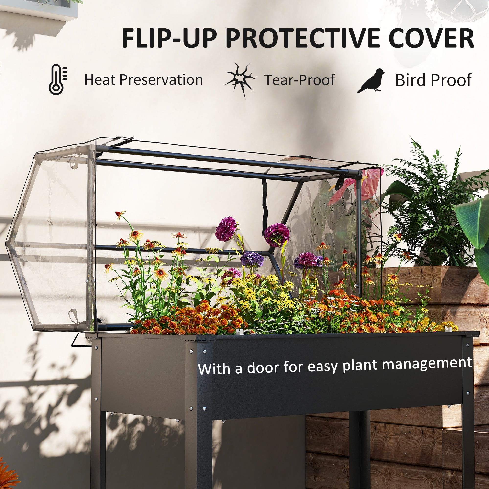 Outsunny Raised Garden Bed with Greenhouse Cover, Elevated Garden Box with Legs and Drainage Hole for Vegetables, Black
