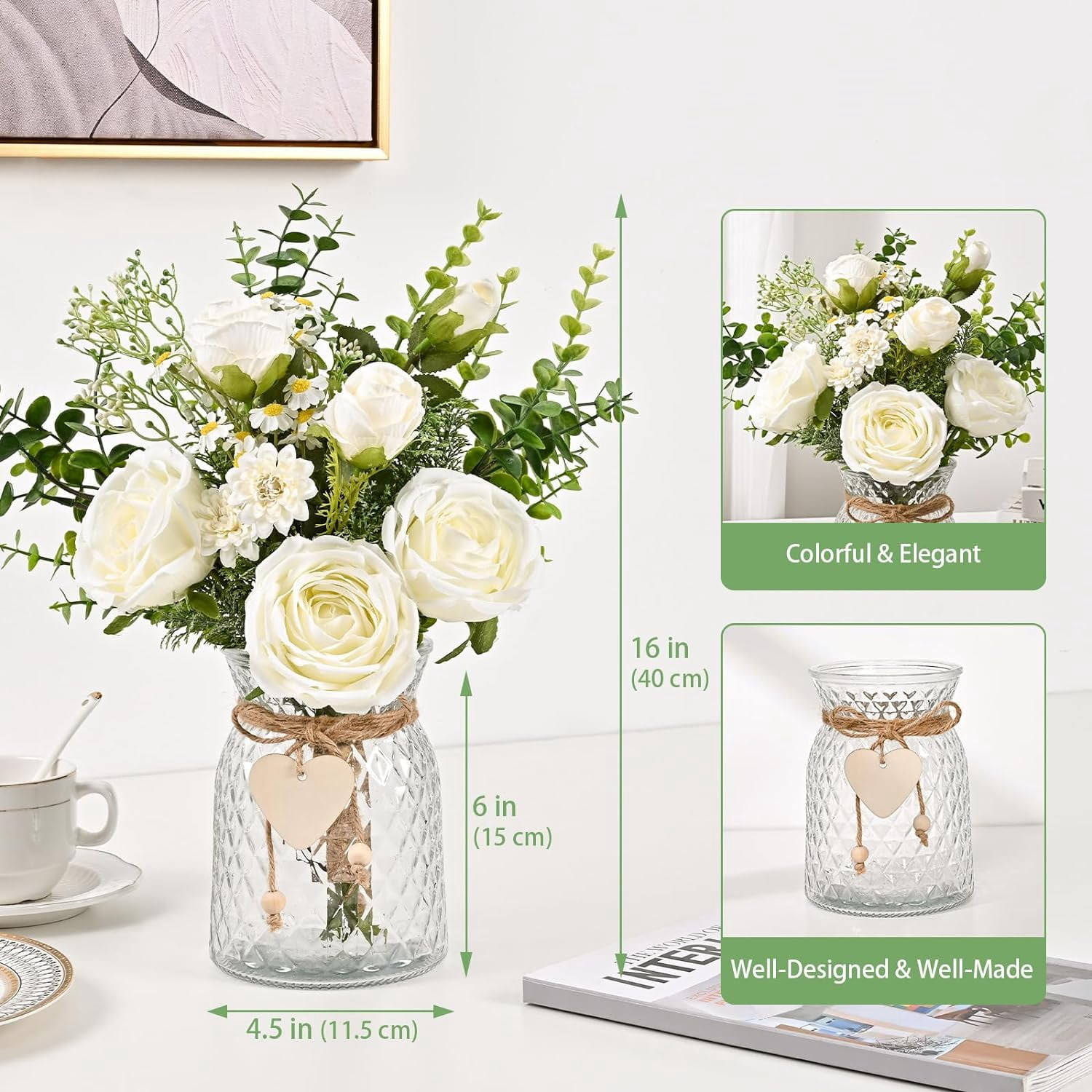 Faux Flowers in Vase, Fake Flowers with Vase, Silk Roses in Vase Faux Flower Arrangements in Vase Floral Centerpieces for Dining Room Table Living Room Office Kitchen Bathroom