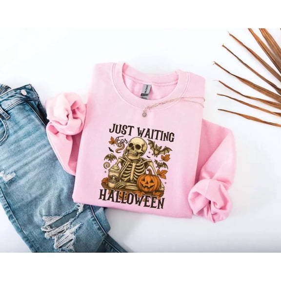 Comfort Colors 1717 Just Waiting for Halloween Skeleton Pumpkin T-Shirt 100% Cotton - Gift for Halloween