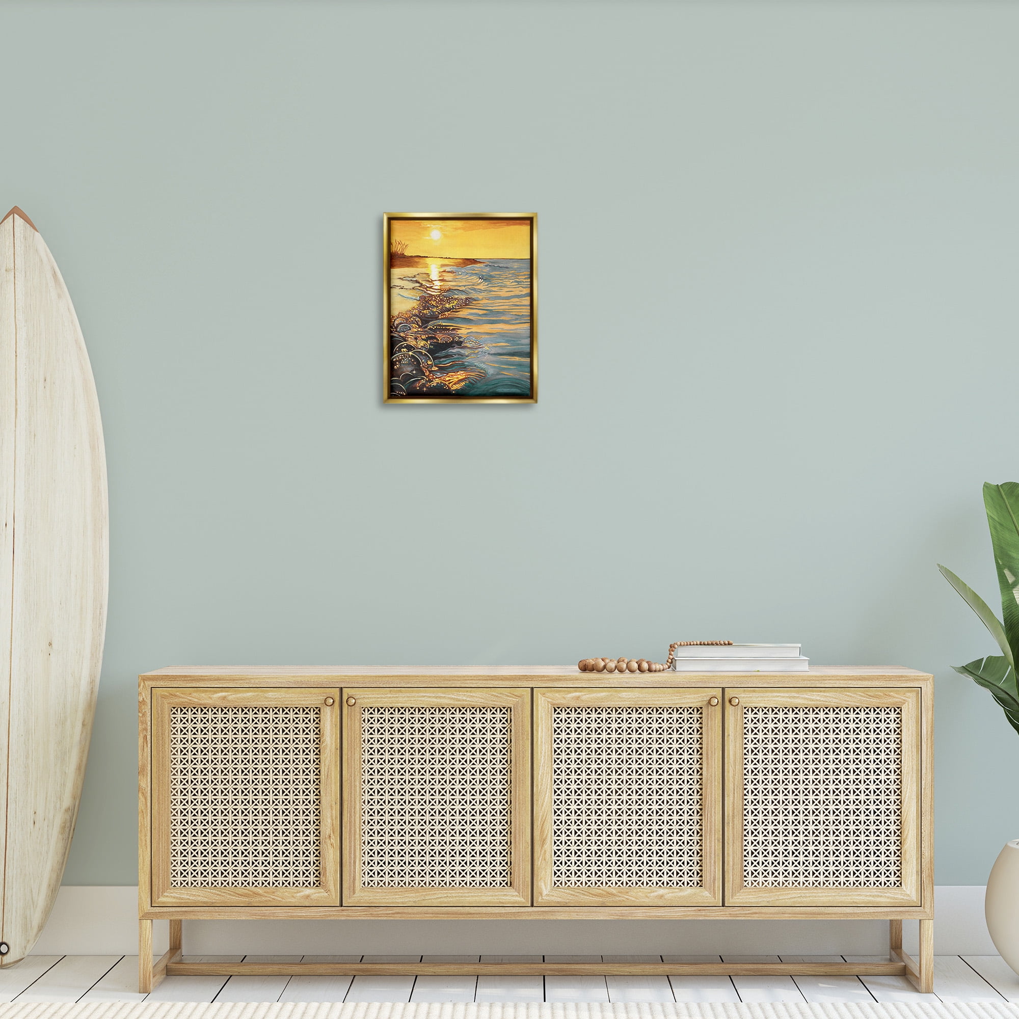 Stupell Industries Sunset over Beach Ripples Landscape Painting Gold Floater Framed Canvas Art Print Wall Art, 17 x 21