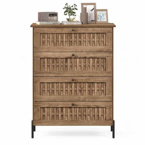 Furnibear 4-Drawer Dresser with Woven Rattan-Textured Fronts and Sturdy Metal Legs for Bedroom Living Room and Hallway Storage, Caramel Oak