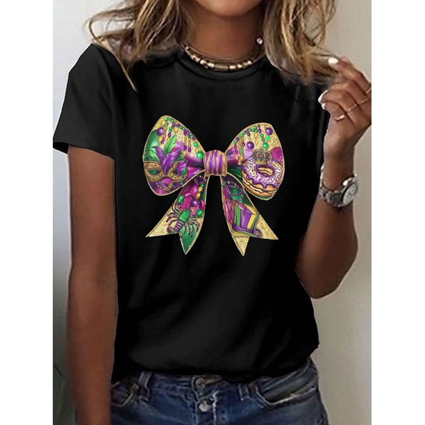 Mask Mardi Gras Bow Print T-Shirt, Short Sleeve Crew Neck Casual Top for Summer & Spring, Women'S Clothing Tee Tee For Adult, Men, Women, Teen, Teenager, Adolescent, Youth