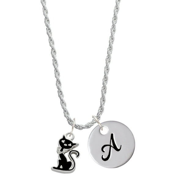 Delight Jewelry Silvertone Black Sitting Cat Silvertone Script Initial Disc - A - Charm Necklace, 20" 3"