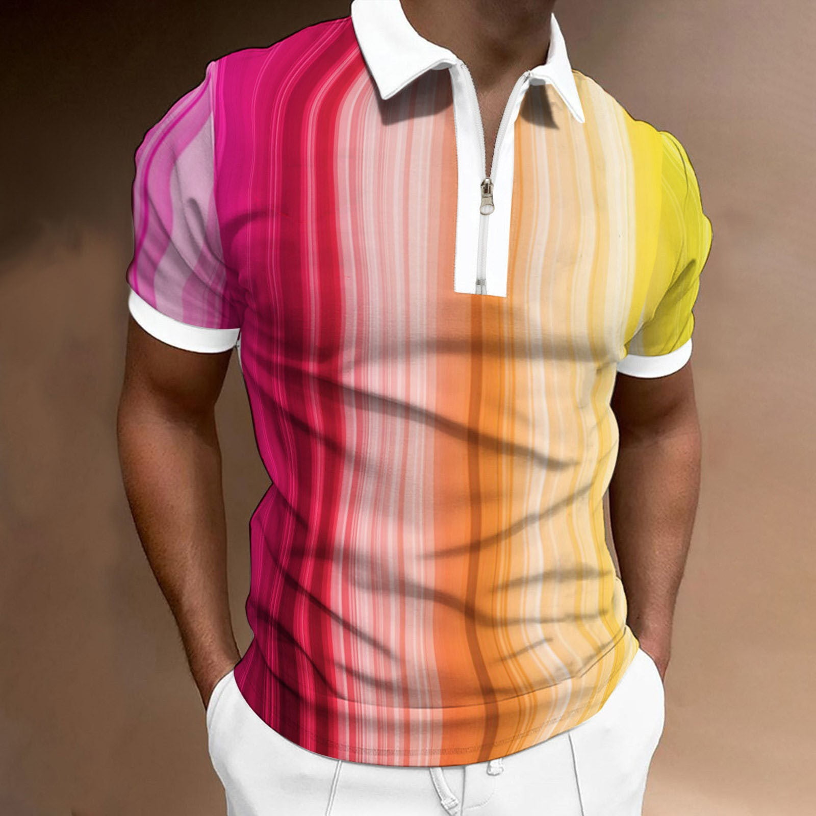 adviicd Hot Pink Burberry Shirts for Men Fashion Collarless Golf