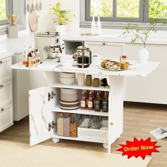 Tcbosik Dining Table with Wheels and Folding Top, 47.2" Kitchen Table with Storage Shelves and 2 Doors, Multi-Function Island Table with Faux Marble Top for Living Room, White