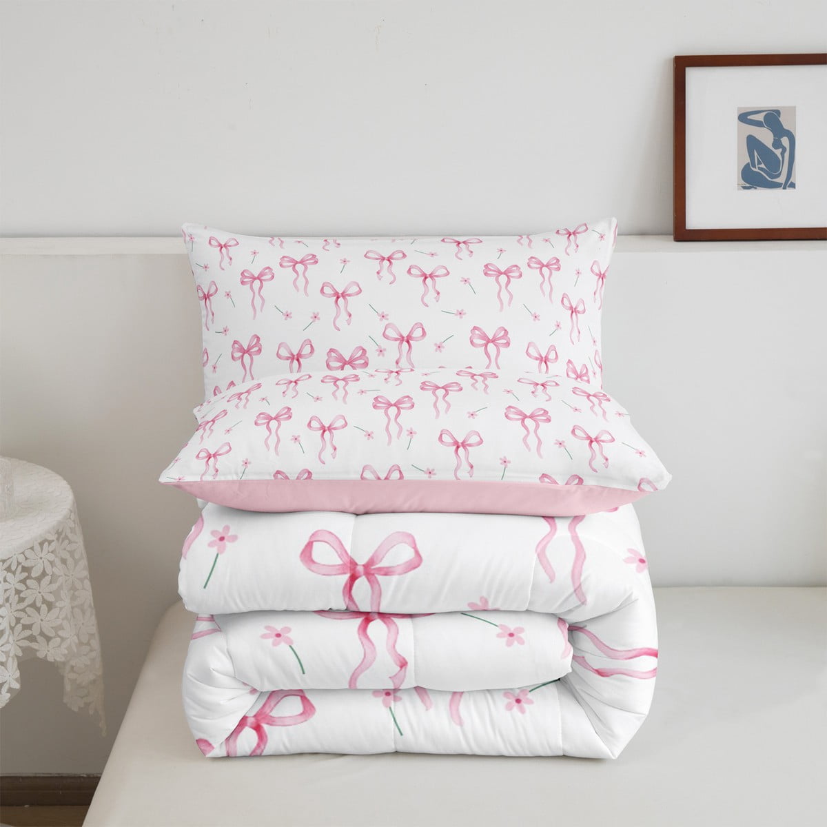 jejeloiu Kawaii Bow Queen Comforter Set,Girls Bow Knot Bedding Sets,Pink White Flower Bedding Comforter Set For Child,Breathable Bedroom Decorative Reversible,3-Piece