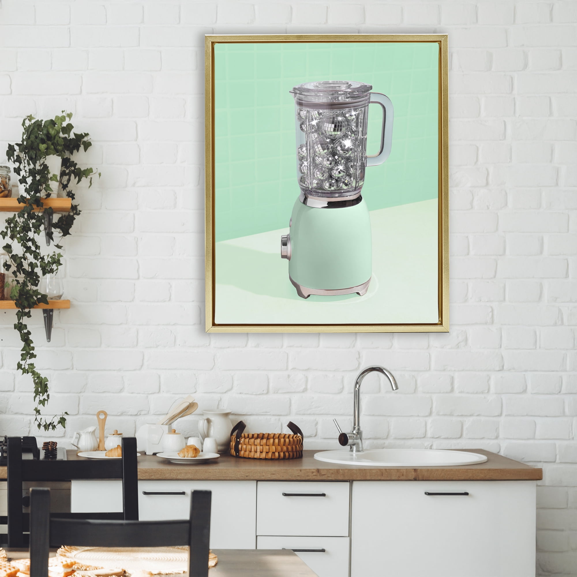 Stupell Industries Disco Drink Blender over Green Gold Framed Floater Canvas Wall Art, design by LISH Creative