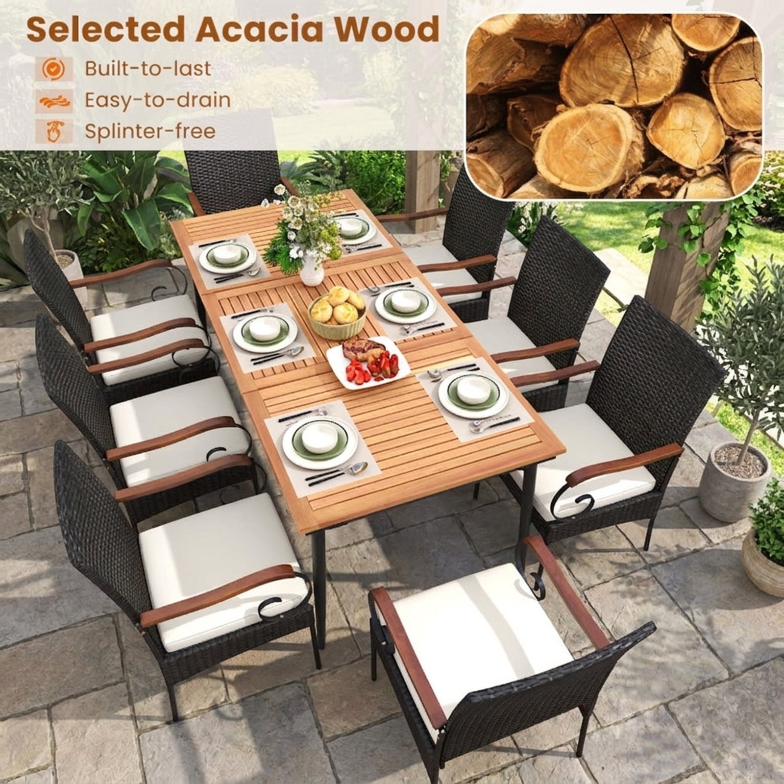 Biotree Patio Dining Set 9 Pieces Rattan Outdoor Conversation Set with Acacia Wood Table and 8 Cushioned Chairs for Garden Backyard Porch, Mix Gray