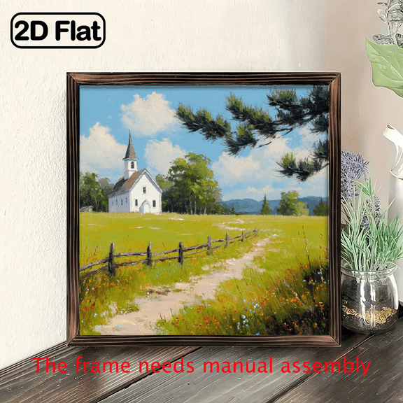 2D Flat - 1pc Rustic Farmhouse Church Wood Framed Wall Art Sign, 8x8 Inch - Charming Spring Country Decor with Pathway Fence Design, Perfect for Living Room Office Desks, Ideal Home Decor Gift