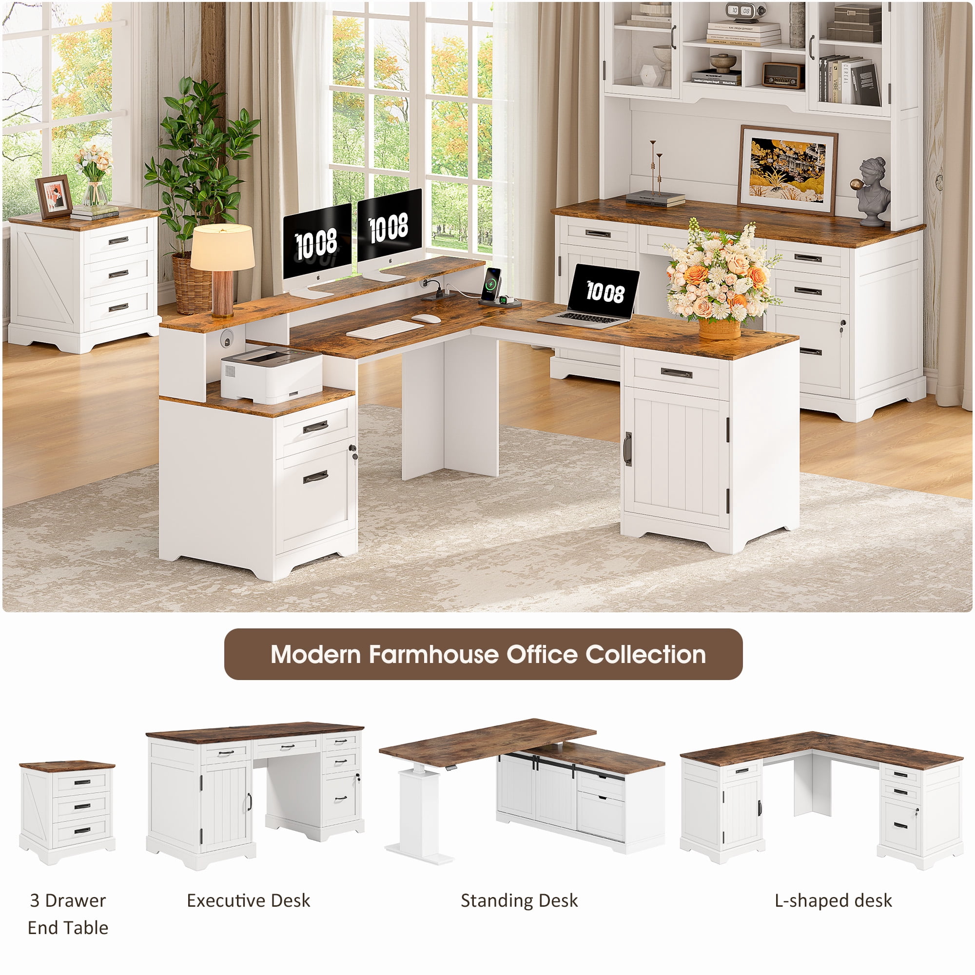 63'' Farmhouse L Shaped Desk with Drawers, Corner Computer Desk with Monitor Stand for Home Office, White