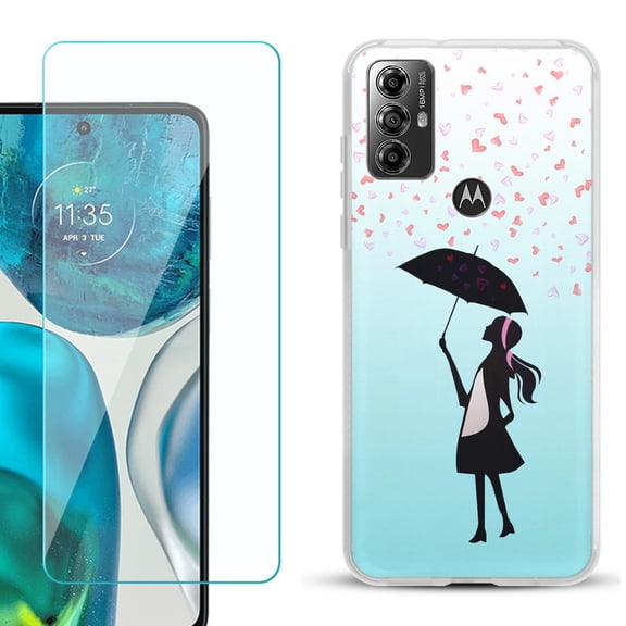 OneToughShield ® for Motorola Moto G Play 2023 Shockproof Fashion Phone Case, with Tempered Glass Screen Protector - Rain/Hearts