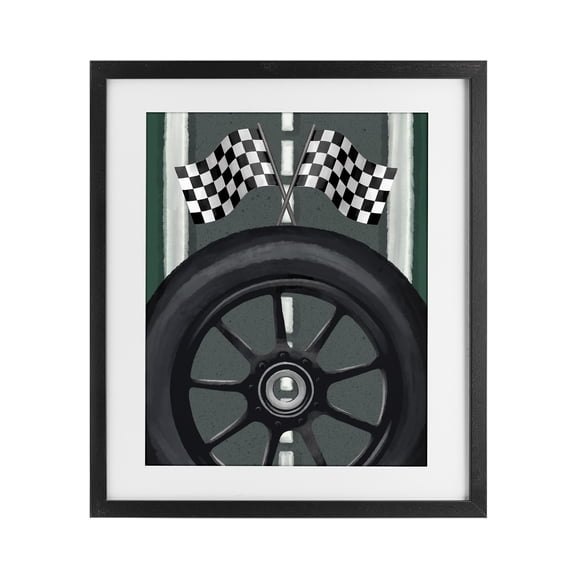 Stupell Industries Contemporary Racetrack Flags & Tire Black Framed Print Under Glass, 13 x 16, by Jennifer Stith