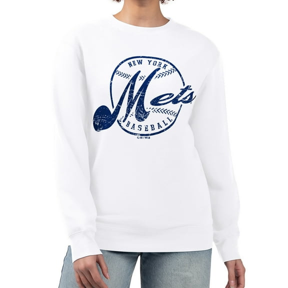 Women's G-III 4Her by Carl Banks White New York Mets Distressed Baseball Team Fleece Pullover Sweatshirt