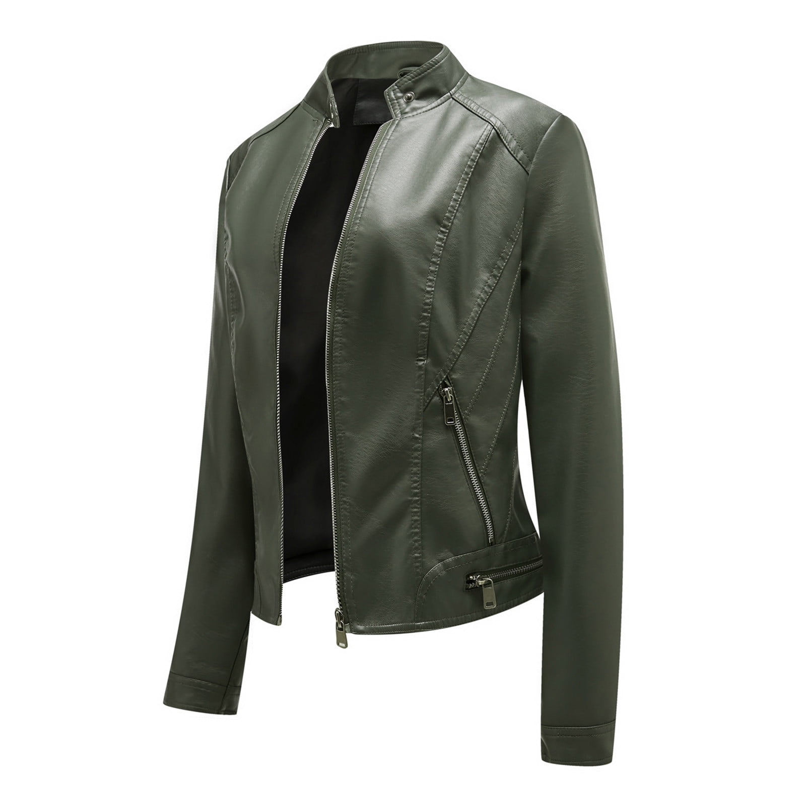 QATAINLAV Women's Fashion Faux Leather Motorcycle Jackets Casual Zipper Long Sleeve Short Coat Streetwear, Army Green, XXL