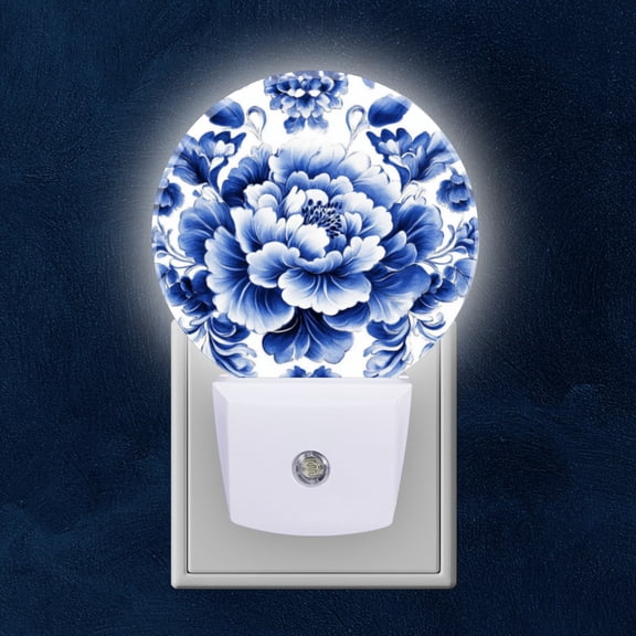 Round LED Night Lights Lamp with Dusk to Dawn Sensor, Blue And White Porcelain Night Light Plug Into Wall for Kids Room, Bedroom, Bathroom, Kitchen, Hallway
