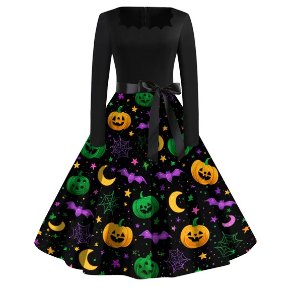 Halloween Hepburn Dresses for Women Bat Spider Webeb Round Neck Horror Hepburn Dresses Moon Pumpkin Long Sleeve Funny Hepburn Dress, M