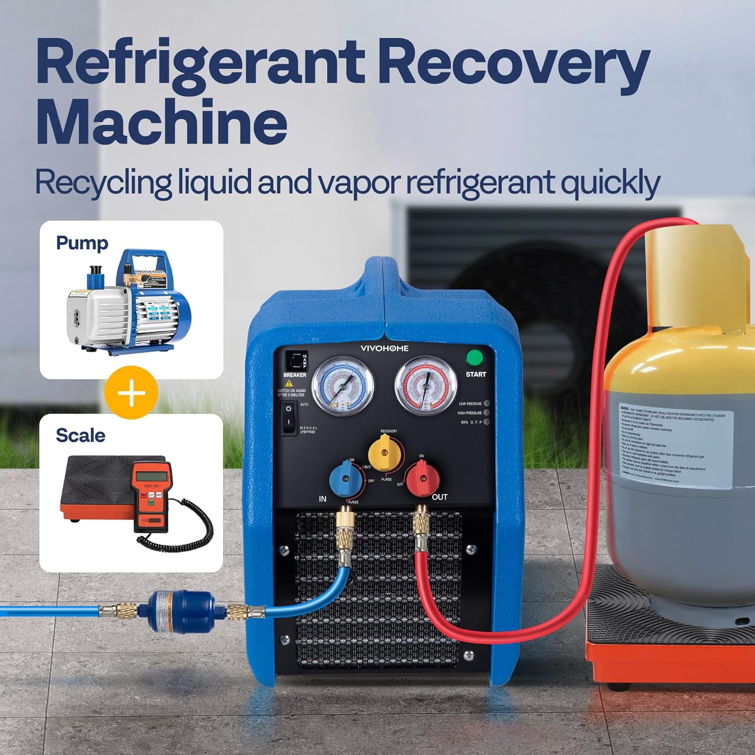 SPECSTAR R1234yf R32 3/4 HP Portable Refrigerant Recovery Machine Oil-Less, Freon Recycling Unit HVAC for Vapor Liquid Refrigerant, Car Air Conditioning