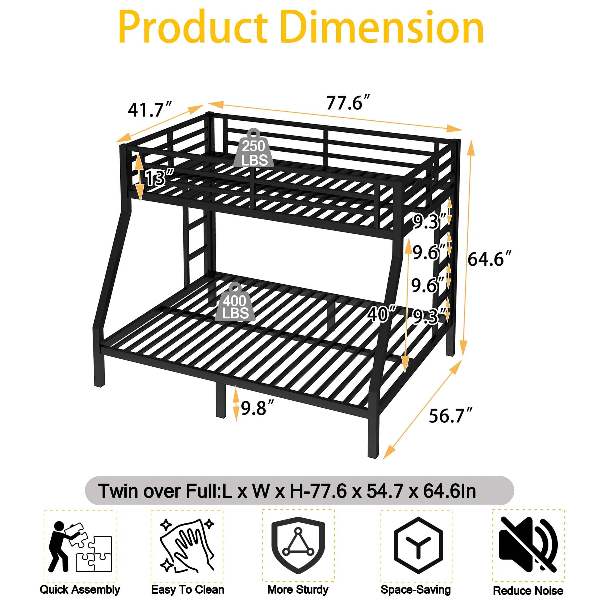 Miniyam Twin over Full Metal Bunk Bed with Guardrail, Dual Ladders, Quiet Slat Support, Under-Bed Storage, Black